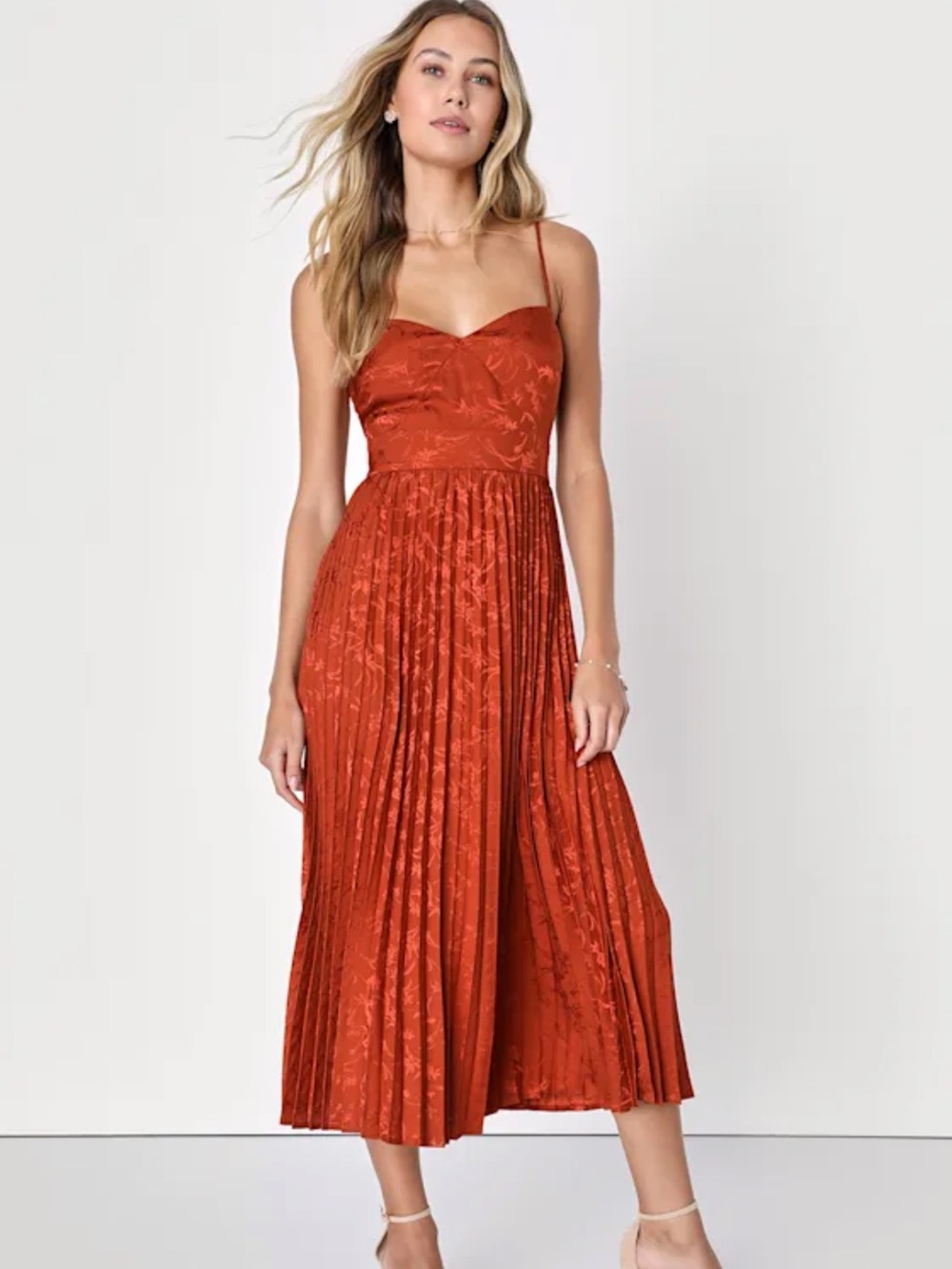 Regal Romance Rust Floral Jacquard Pleated Satin Midi Dress